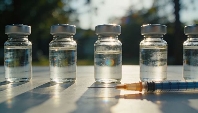 Sunlit vaccine vials and syringe showcasing clear solution, sterile glass, healthcare