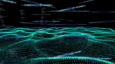 Digital Waves with Data Overlay on Black Background