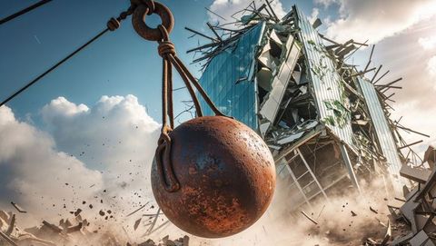 Wrecking ball demolishing glass building amid ruins