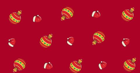 Festive Christmas Ornaments and Santa Hats on Red Background