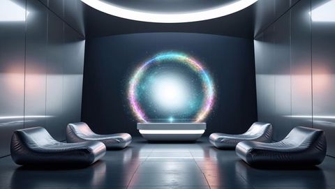 Futuristic Lounge with Holographic Ring and Sleek Furniture