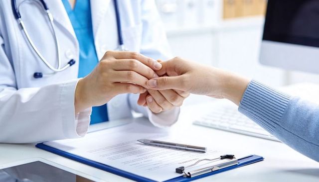 Doctor holding patient hand during compassionate medical consultation at clinic desk