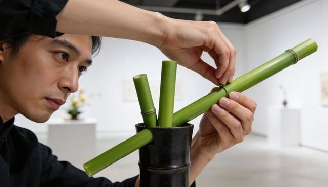 Asian man arranging bamboo stalks in minimalist black vase in contemporary gallery exhibit