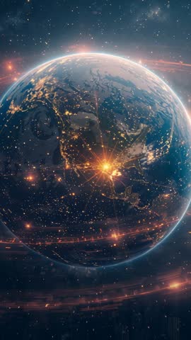 Vertical Orbiting Earth with Pulsing Beacon and Global City-Light Network Animation