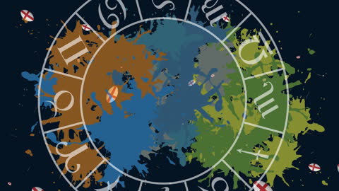 Abstract Zodiac and English Flags on Paint Splatter