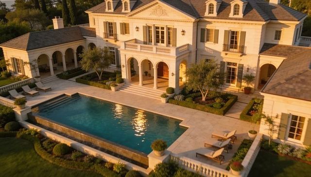Sunlit mediterranean-style mansion with infinity edge pool and formal garden courtyard