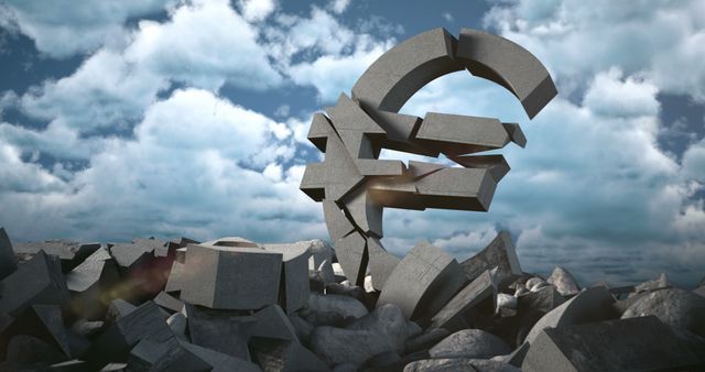 A shattered Euro currency symbol lies in ruins, symbolizing economic collapse or financial crisis - Download Free Stock Photos Pikwizard.com