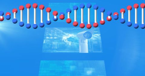 Rotating DNA Strand with Medical Data Screens on Blue Background