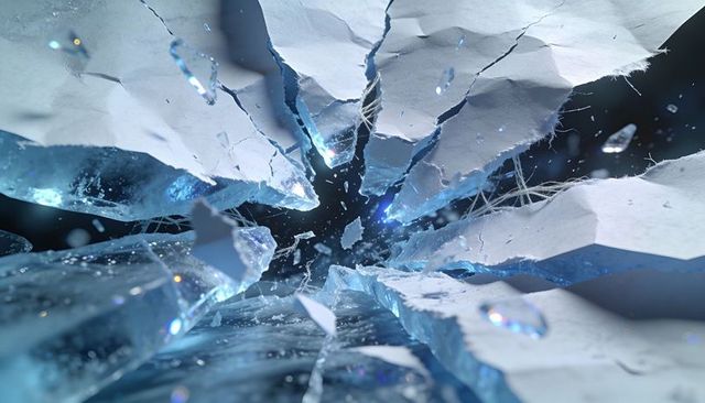 Radial shatter of blue crystal shards and torn paper fibers, abstract fracture void