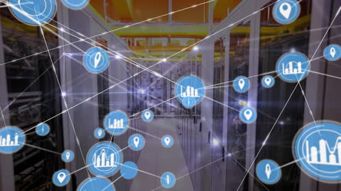 Futuristic Data Center with Network Connection Icons Overlay