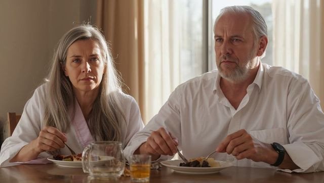Senior couple eating quiet morning meal at sunlit wooden table showing intimate, pensive moment