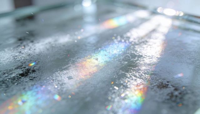Iridescent rainbow light streaks reflecting on wet glass surface with shimmering bokeh