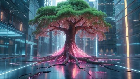 Bioluminescent dreaming tree in futuristic cyberpunk cityscape
