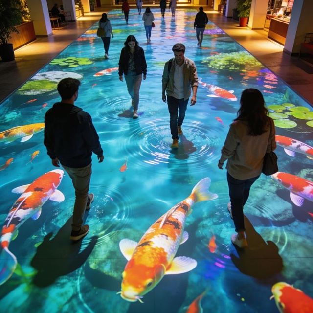 Interactive koi pond floor projection transforming mall walkway into immersive water world