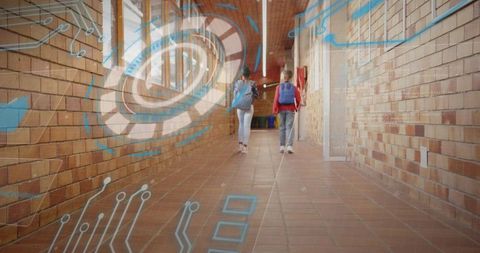 Students Walking in School Corridor with Holographic Technology Overlay