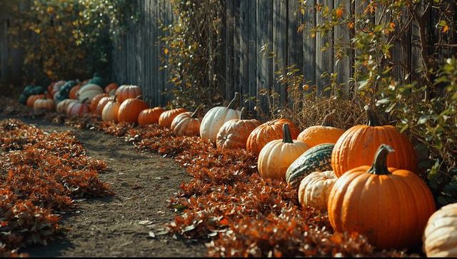 Autumn Pumpkins Lining rustic Fence in Sunlit Harvest Scene
