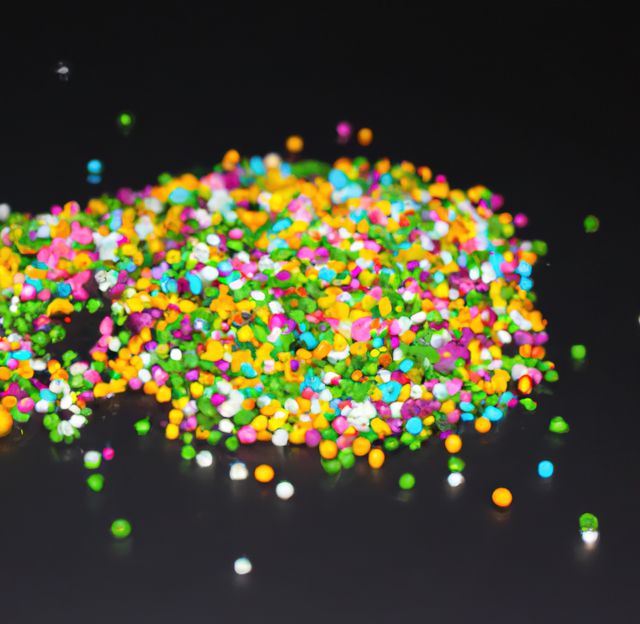 Close up of multiple colorful sweet sprinkles over black background. Sweets, colour and decorations concept.