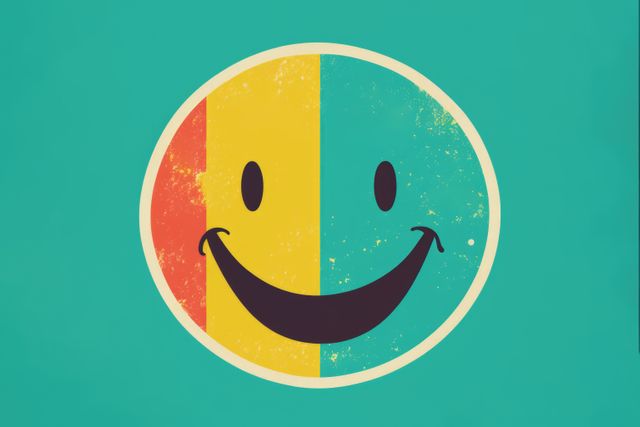 Retro red, yellow and blue smiley icon on blue background, created using generative ai technology. Social media and communication concept digitally generated image.