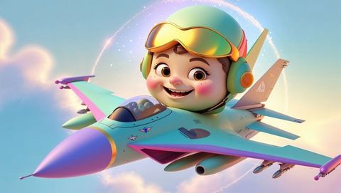 Playful adventure with child pilot in pastel f16 fighter jet