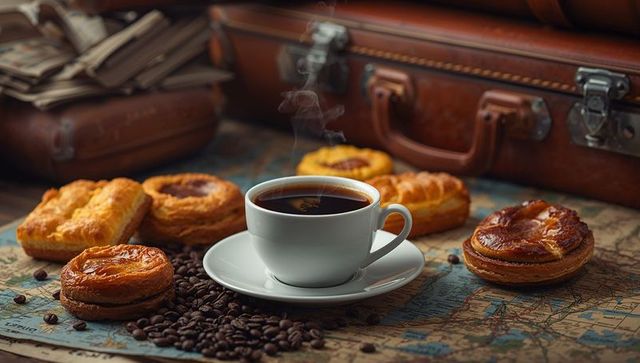 Steaming coffee amidst vintage travel ambiance