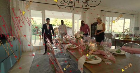 Preparing elegant dining table for guests with floral centerpiece, candles and AR overlay
