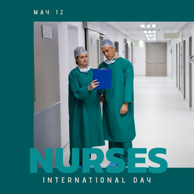 This image showcases two nurses in a hospital corridor discussing patient care, emphasizing collaboration and professionalism. Best used for International Nurses Day celebrations, healthcare-related content, and promotional materials appreciating medical professionals.