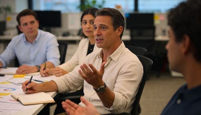 Middle-aged man speaking in open-plan office meeting, gesturing while taking notes