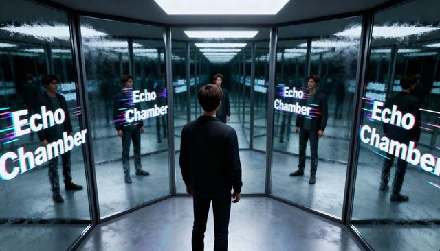 Man standing in mirror chamber surrounded by echo chamber reflections and glitch text