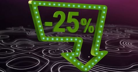 retro-themed graphic showing a green arrow with a 25 percent discount message, evoking nostalgia with its neon lights. the abstract wavy white lines in the background create dynamic energy, highlighting the theme of movement and excitement. ideal for marketing campaigns, retail promotions, and advertisements targeting savings, deals, and special offers. can be used in social media marketing, flyer design, or as a digital billboard to attract customers to sales and shopping events.