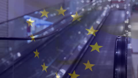 European Union Flag Overlay on Modern Escalator