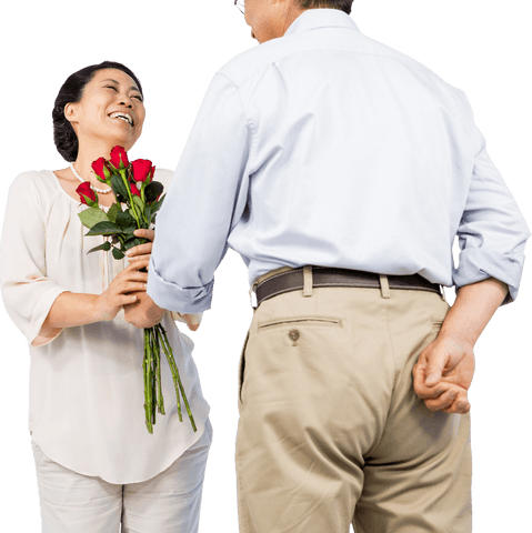 Man Giving Roses to Smiling Woman Standing on Transparent Background