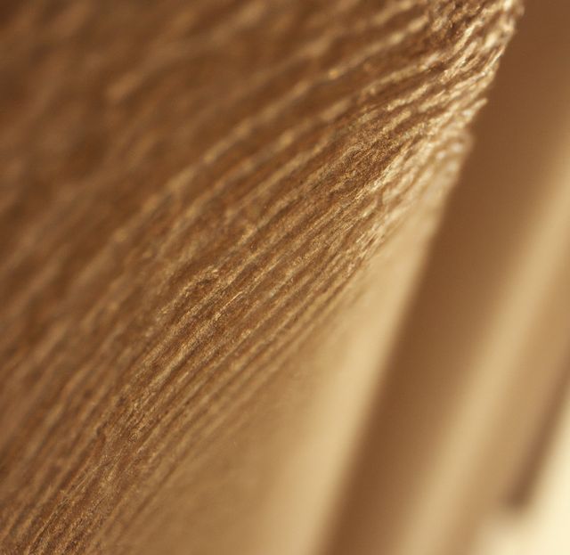 Close-up image of textured brown corrugated paper captures intricate details and patterns of the material. Useful for backgrounds, design projects, packaging concepts, and presentations on sustainable materials.