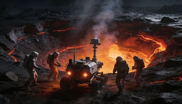 Nighttime astronaut team securing rover at volcanic crater rim under fiery lava glow