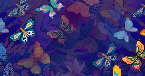Vibrant butterflies among flora on a dreamy dark background