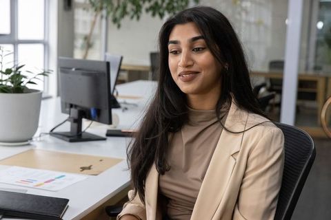 Indian professional woman working at modern office desk with computer and indoor plants