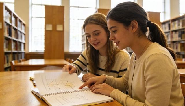 Two female students studying geometry together in library pointing at notebook diagrams