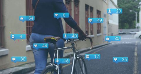 Woman Walking Bicycle with Social Media Icons