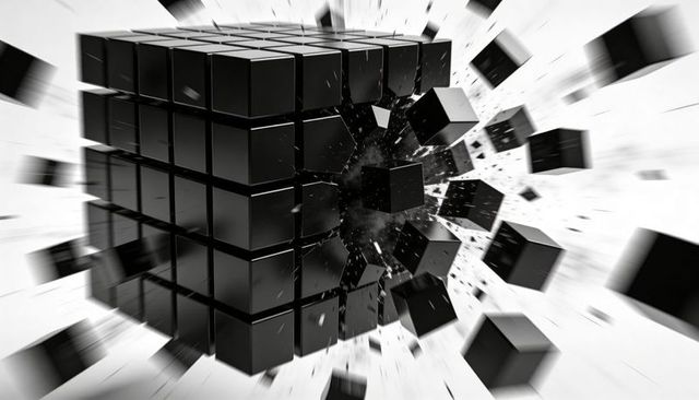Exploding black cube shattering into flying voxels with high-contrast motion blur