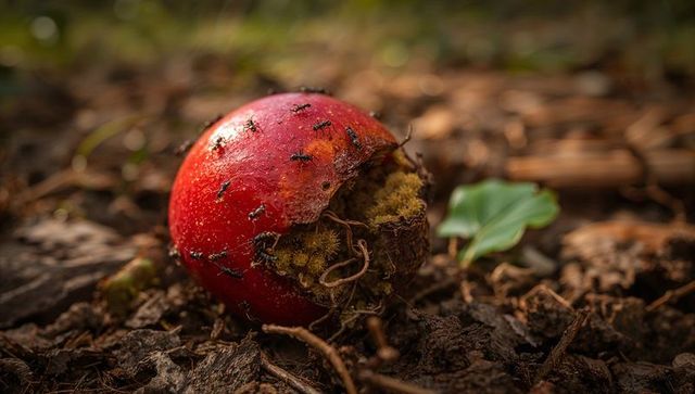 Glossy red fruit rotting on forest floor with ants swarming over split skin and yellow fibers