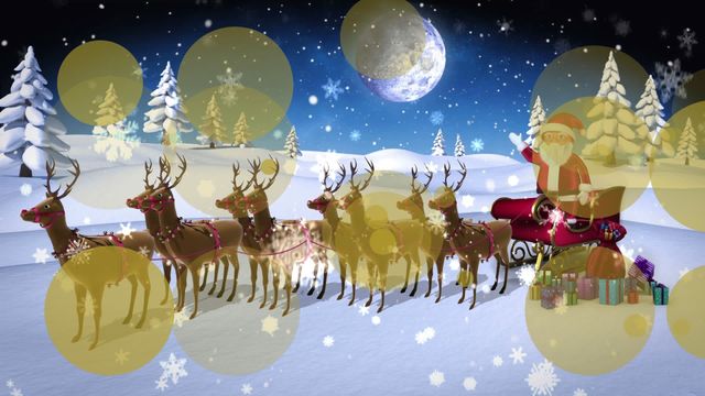 Digital animation depicts Santa Claus waving with reindeer pulling his sleigh in a snowy landscape against a backdrop of a starry night. Useful for holiday greeting cards, festive invitations, and Christmas-themed video backgrounds. This joyful image evokes a sense of magic and tradition, ideal for creating a warm, seasonal atmosphere.