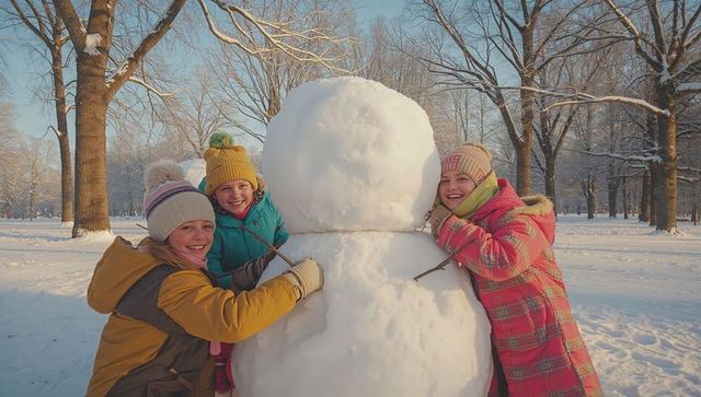 Children building snowman in sunny winter park
