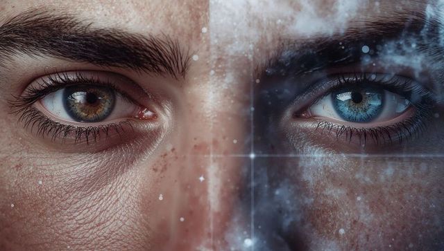 Split Face Dual Gaze Revealing Brown and Blue Irises with Nebula Crosshair