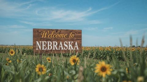 Welcome to Nebraska Sign Amidst Vibrant Sunflower Field