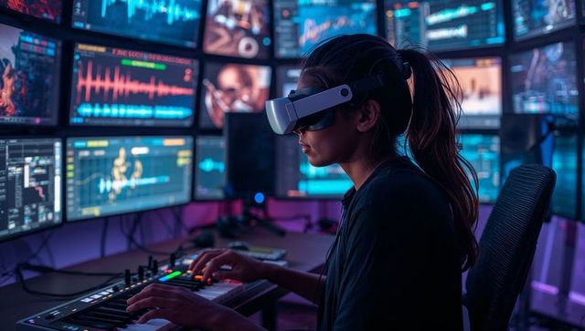 Asian music producer wearing vr headset playing midi controller in neon home studio