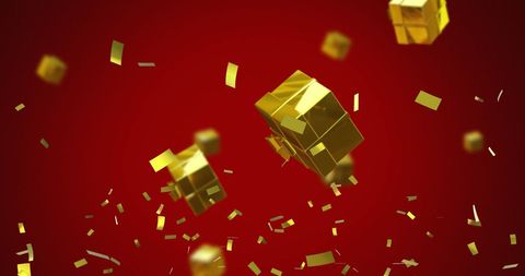 falling gold presents and confetti on rich red background - Download Free Stock Images Pikwizard.com