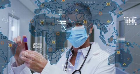 Senior doctor inspecting blood sample with global health data overlay and diagnostics