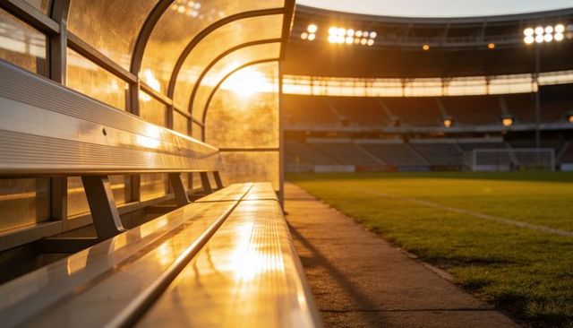 Glowing substitute bench reflecting golden sunlight at empty stadium sideline