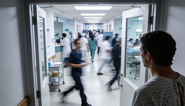 Patient in gown watching busy hospital corridor with rushing staff and nurse station activity