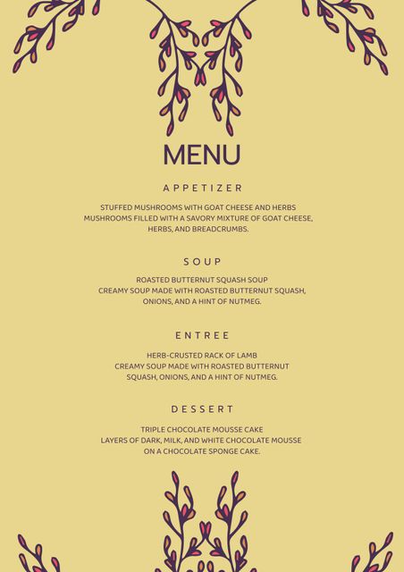 Elegant fine dining menu adorned with botanical accents, featuring sections for appetizers, soup, entrees, and dessert. Ideal for high-end restaurants, event invitations, catering services, and gourmet presentations.