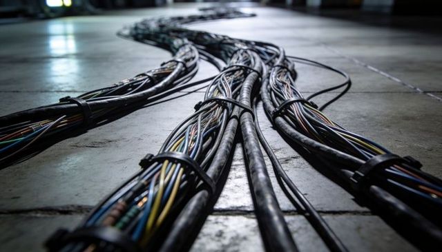 Curving industrial cable bundles running across concrete floor with colorful wiring and straps